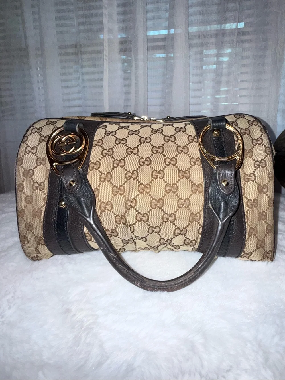 Gucci Beige GG Supreme Boston Bag with Leather Trim